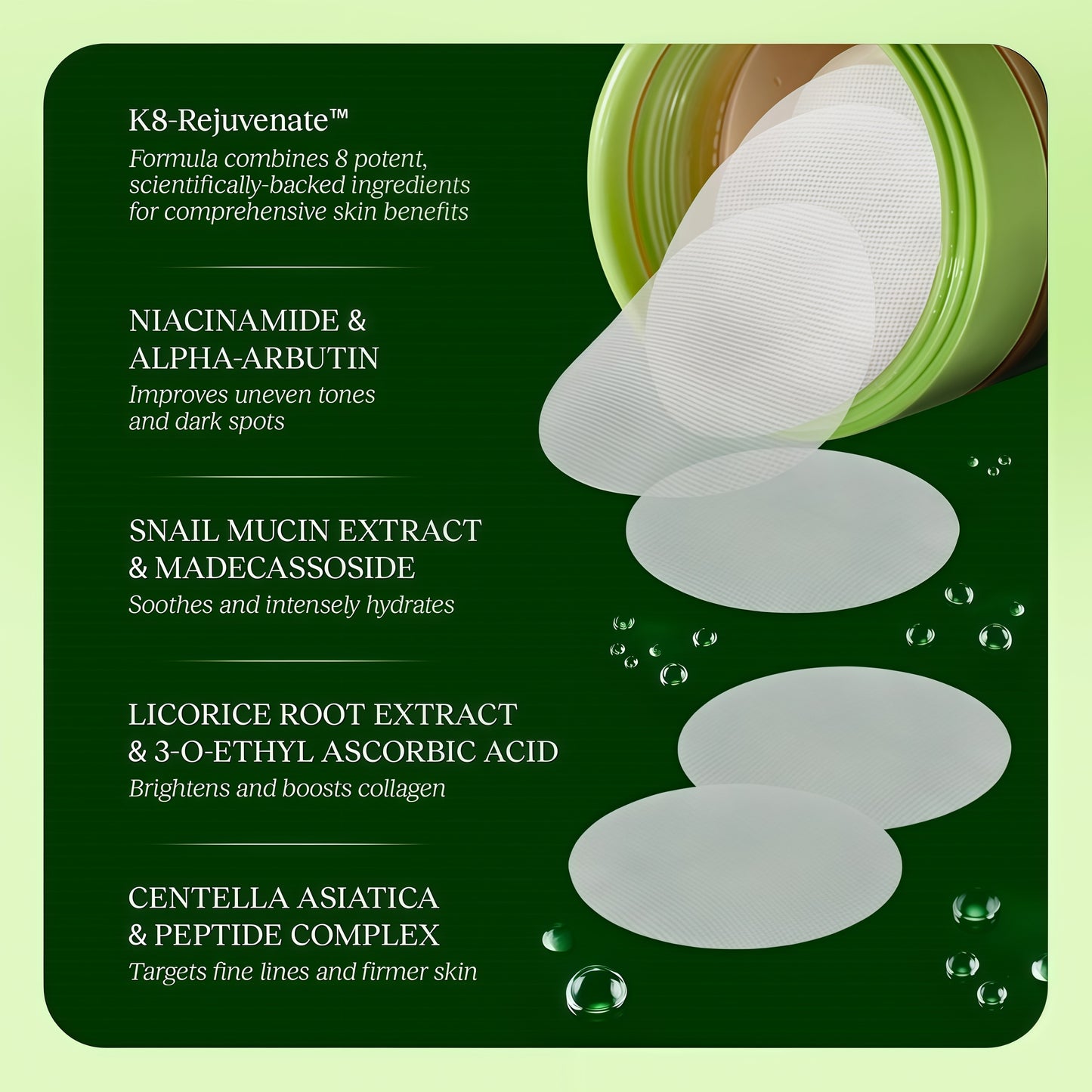 JIYU Toner Pads - Korean Skincare for Dark Spots, Wrinkles & Dull Skin - Hydrating Facial Treatment with Snail Mucin, Niacinamide, Peptides & Centella - 100 Count